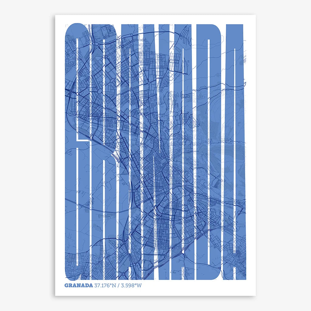Decorative map of Granada and letters of its name in a giclée print designed in navy blue and white