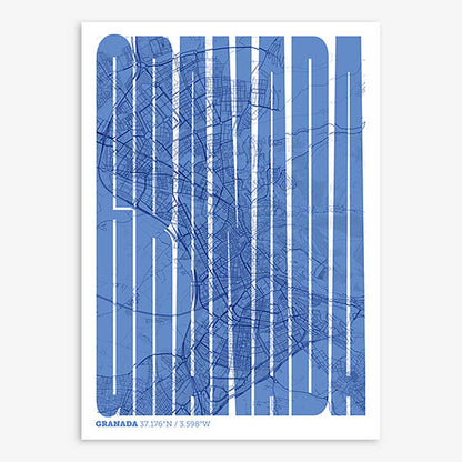 Decorative map of Granada and letters of its name in a giclée print designed in navy blue and white