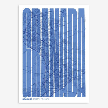 The map of Granada and letters of its name in a giclée print designed in navy blue and white