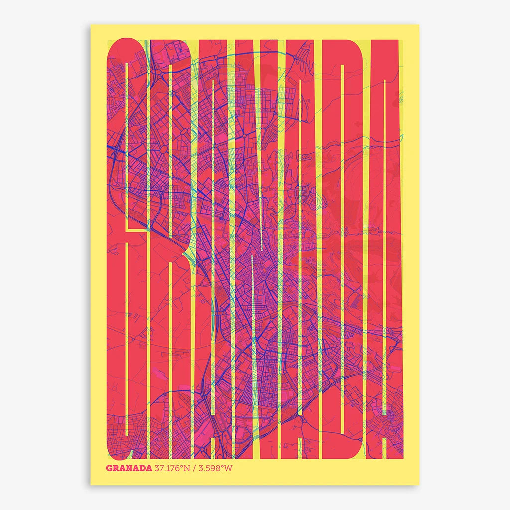 Decorative map of Granada and letters of its name in a giclée print designed in yellow and fuchsia