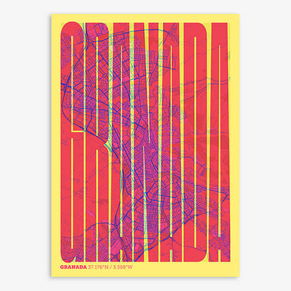 Decorative map of Granada and letters of its name in a giclée print designed in yellow and fuchsia