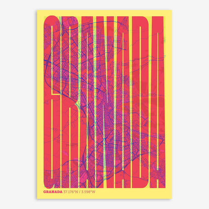 The map of Granada and letters of its name in a giclée print designed in yellow and fuchsia