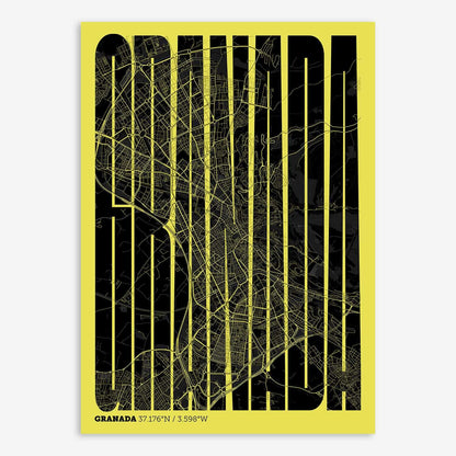 The map of Granada and letters of its name in a giclée print designed in black and yellow