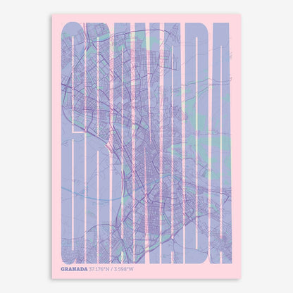 The map of Granada and letters of its name in a giclée print designed in pink and light blue