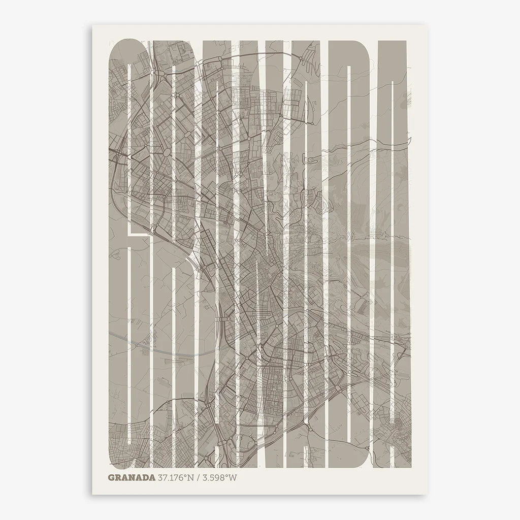 Decorative map of Granada and letters of its name in a giclée print designed in light brown and an off-white background