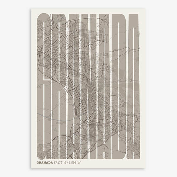 Decorative map of Granada and letters of its name in a giclée print designed in light brown and an off-white background