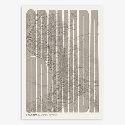 Decorative map of Granada and letters of its name in a giclée print designed in light brown and an off-white background