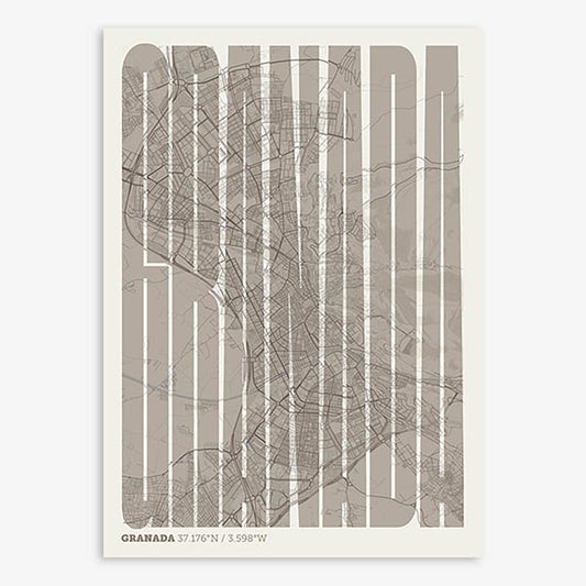 Decorative map of Granada and letters of its name in a giclée print designed in light brown and an off-white background