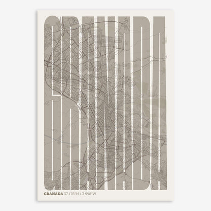 The map of Granada and letters of its name in a giclée print designed in light brown and an off-white background
