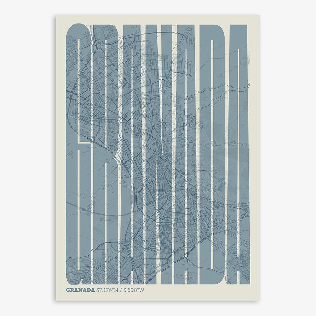 Decorative map of Granada and letters of its name in a giclée print designed in bluish gray and an off-white background