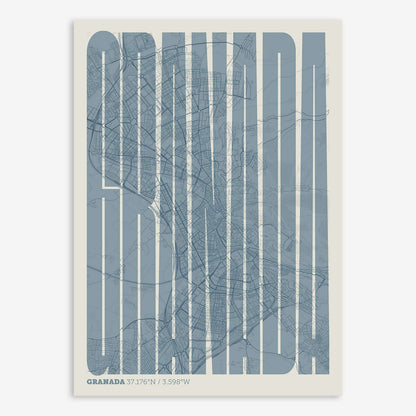 The map of Granada and letters of its name in a giclée print designed in bluish gray and an off-white background