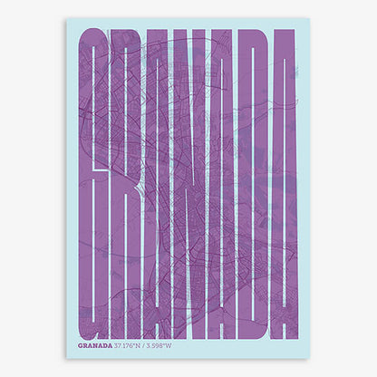 Decorative map of Granada and letters of its name in a giclée print designed in purple and light blue