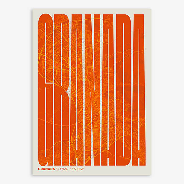 Decorative map of Granada and letters of its name in a giclée print designed in orange and an off-white background