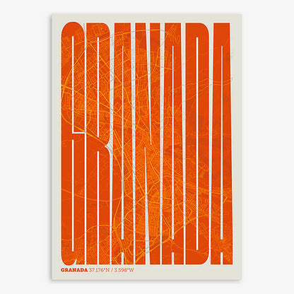 Decorative map of Granada and letters of its name in a giclée print designed in orange and an off-white background
