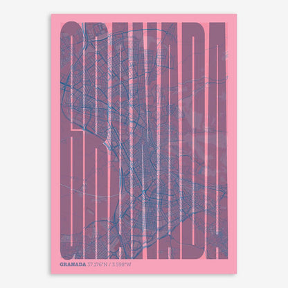The map of Granada and letters of its name in a giclée print designed in violet y pink background