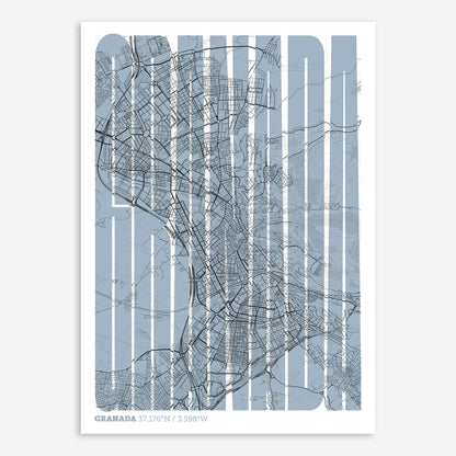 The map of Granada and letters of its name in a giclée print designed in black and white