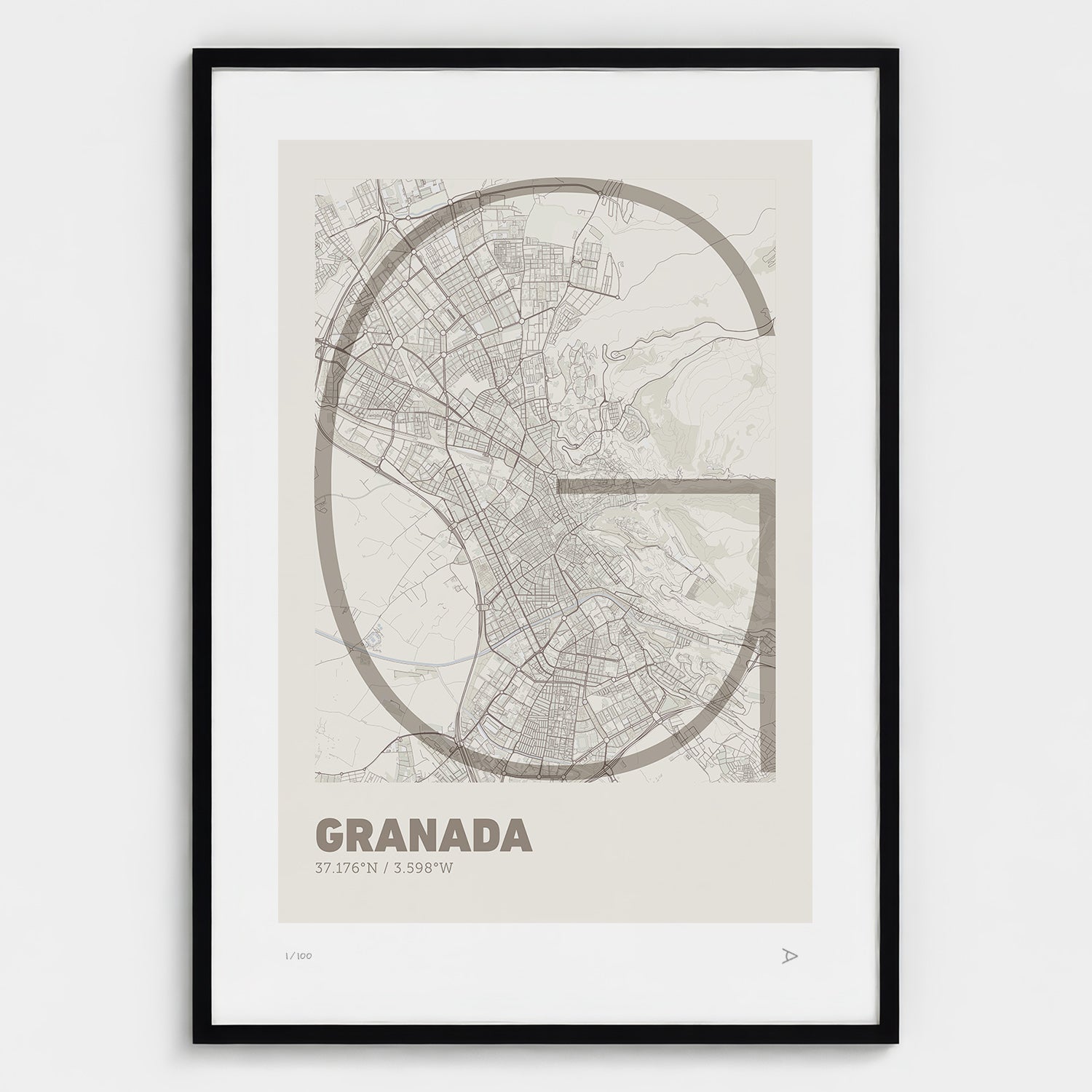 Lámina tipográfica de Granada – diseño Ultrafina, marco negro