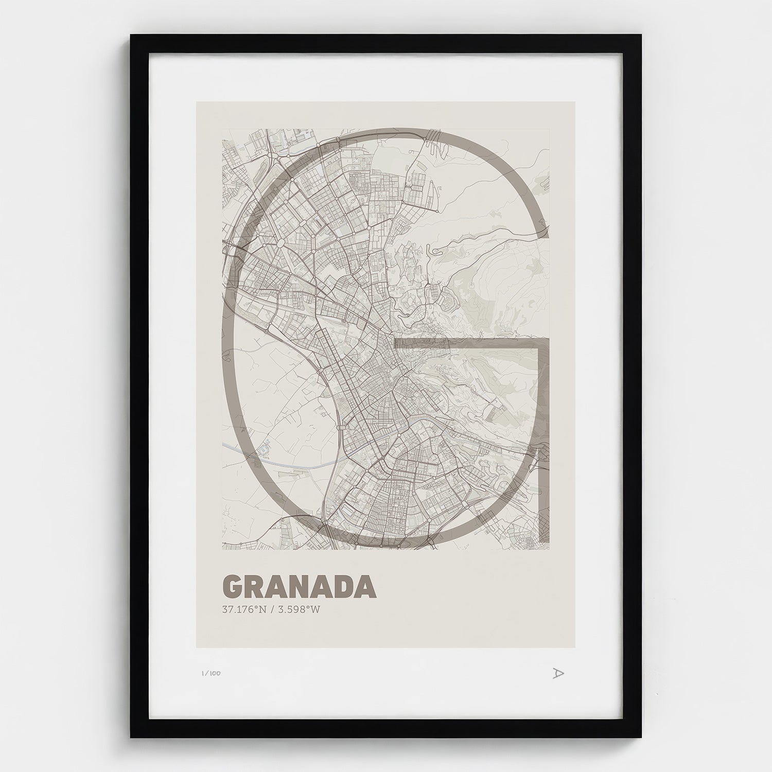 Lámina tipográfica de Granada – diseño Ultrafina, marco negro