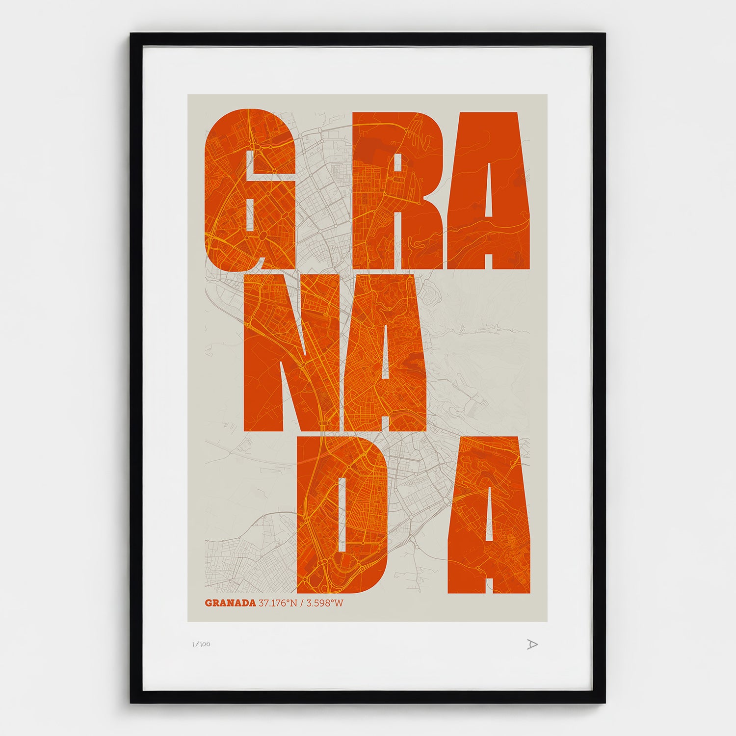Lámina tipográfica de Granada – diseño Revoltosa, marco negro