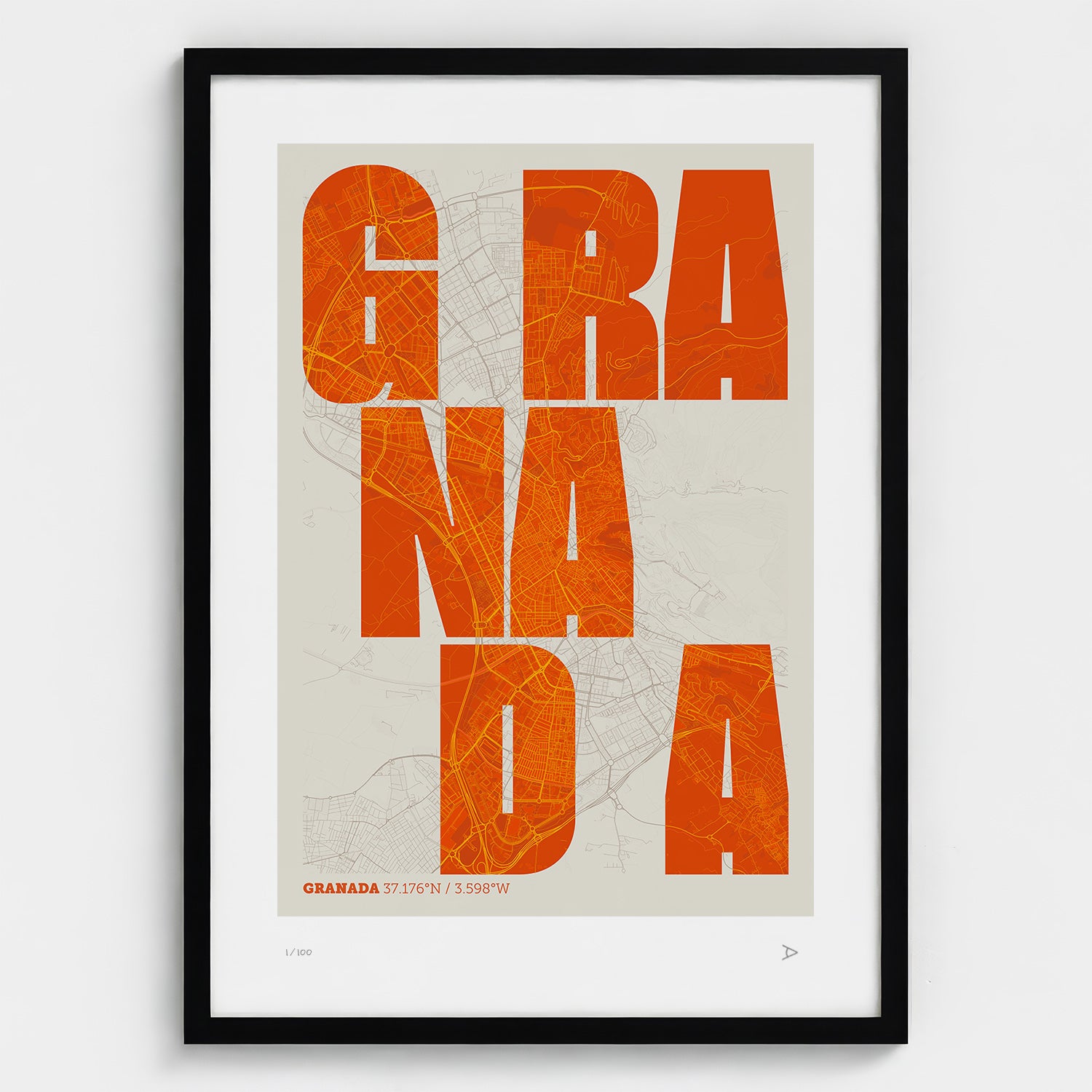Lámina tipográfica de Granada – diseño Revoltosa, marco negro