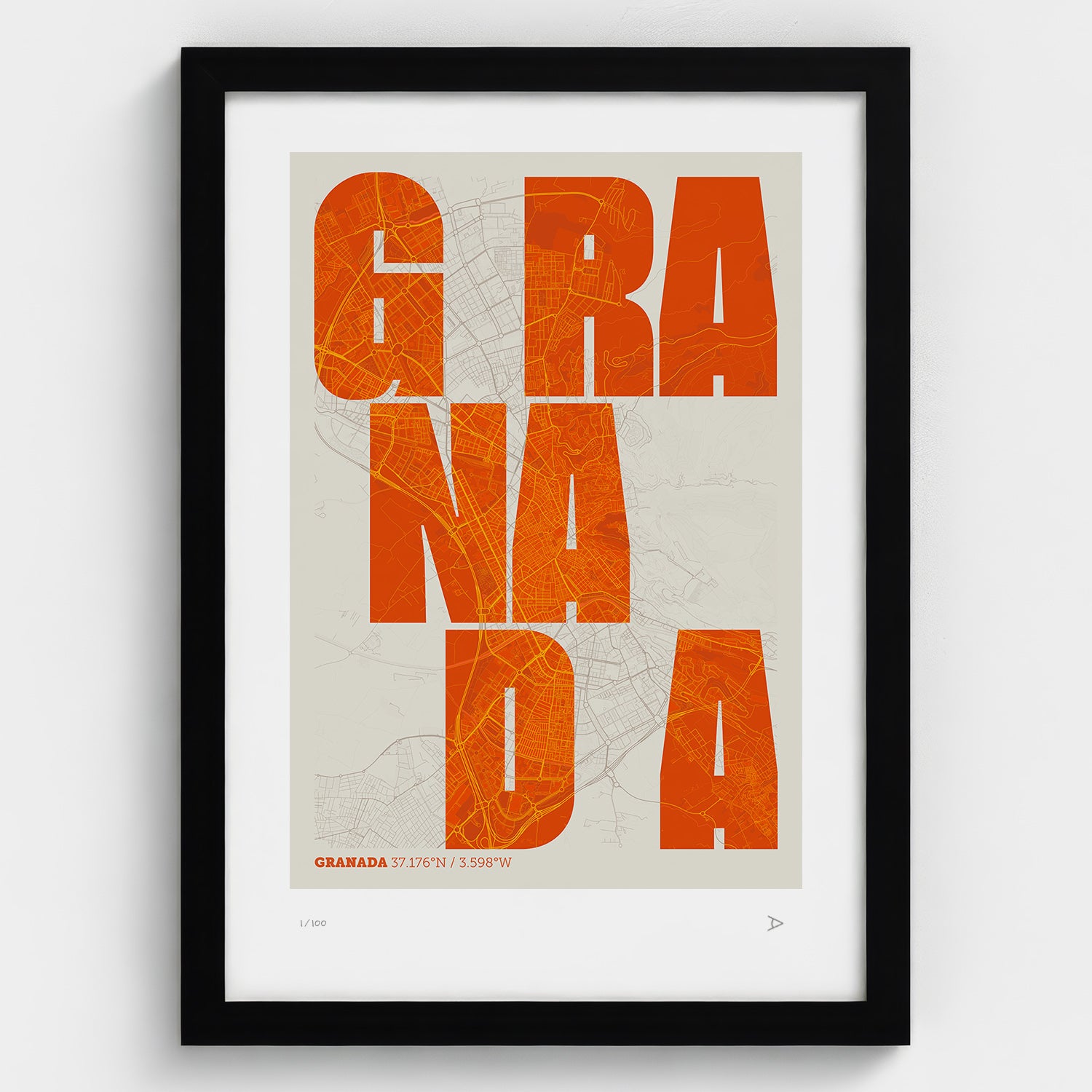 Lámina tipográfica de Granada – diseño Revoltosa, marco negro