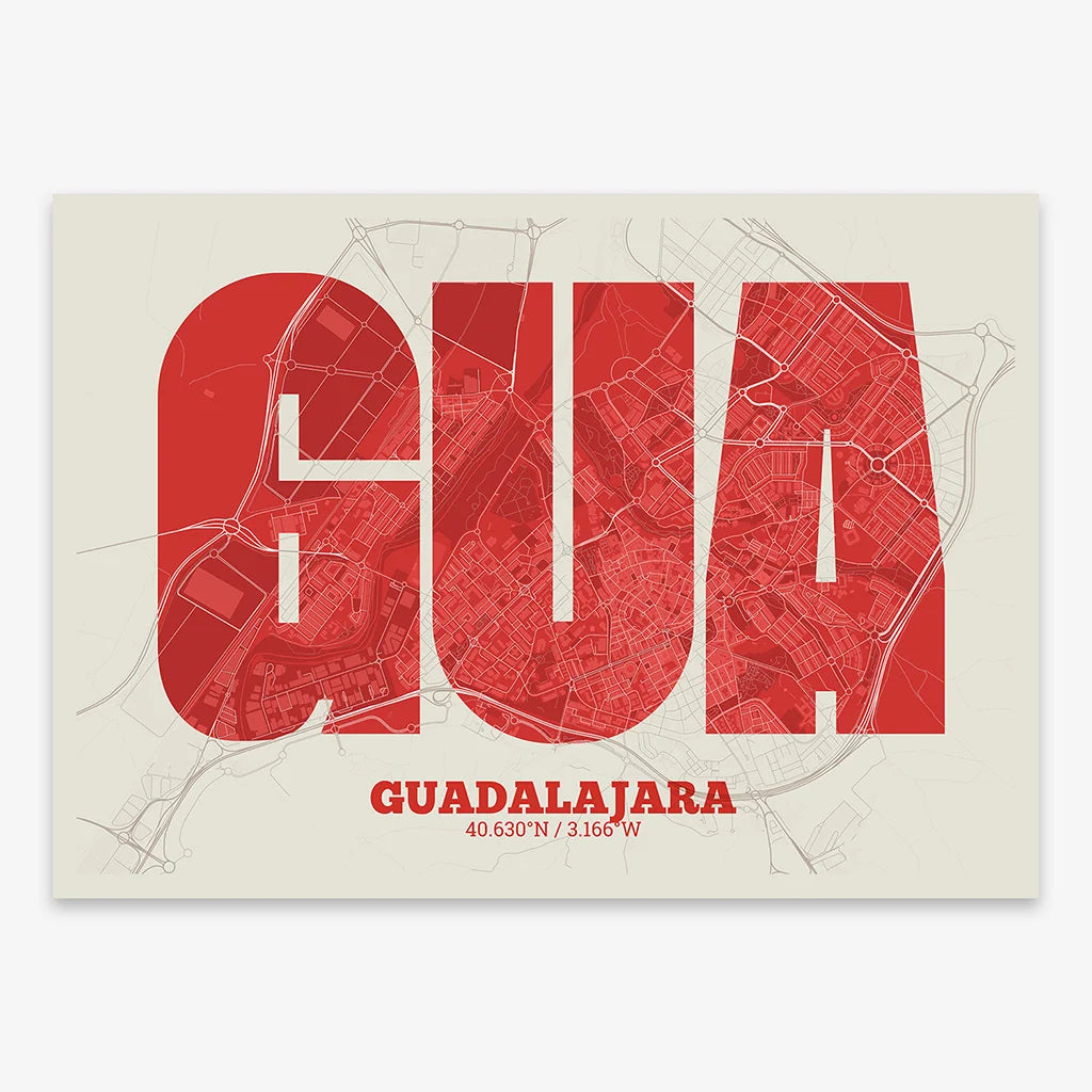 The map of Guadalajara in Super Bold design, a typographic poster where the city map is overlaid with extra-thick lettering for a modern, high-impact look designed in red and an off-white background