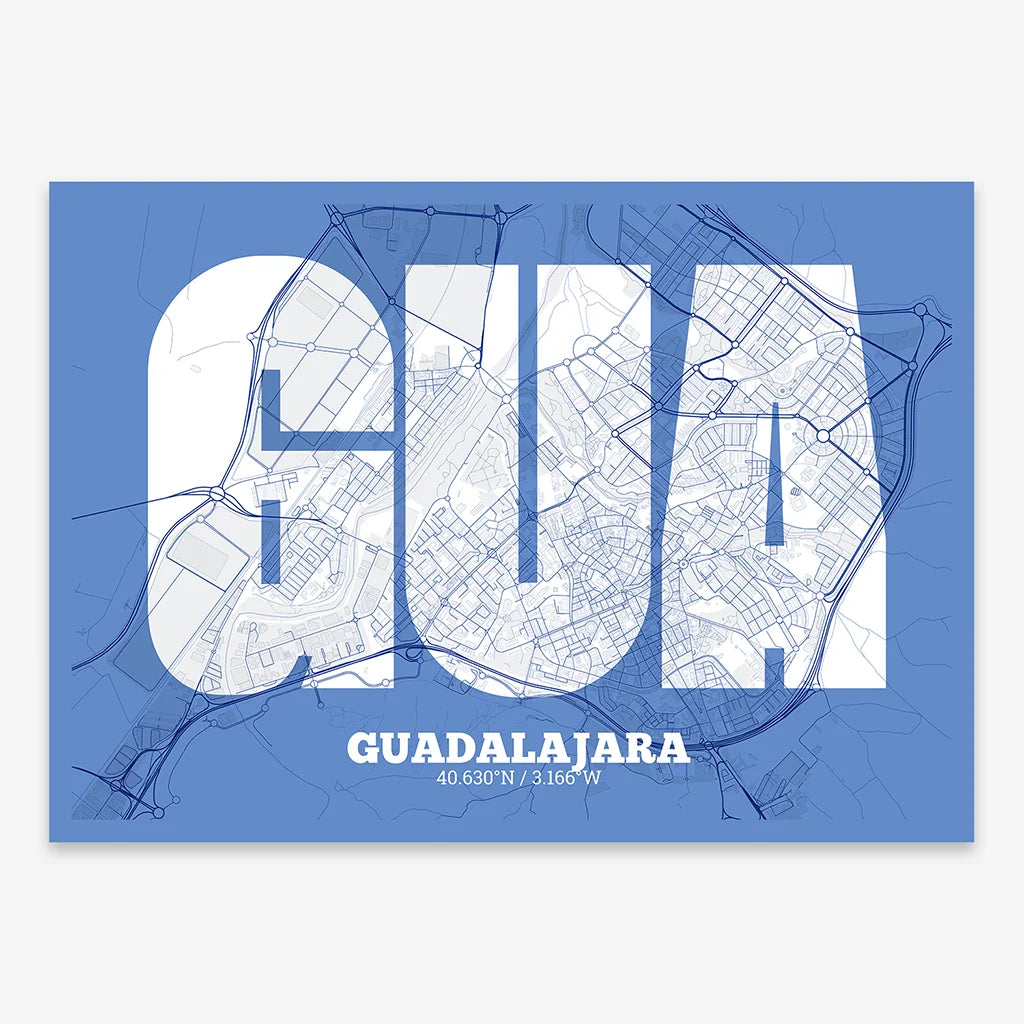 Decorative print of Guadalajara composed with letters in a heavy geometric font printed on navy blue and white
