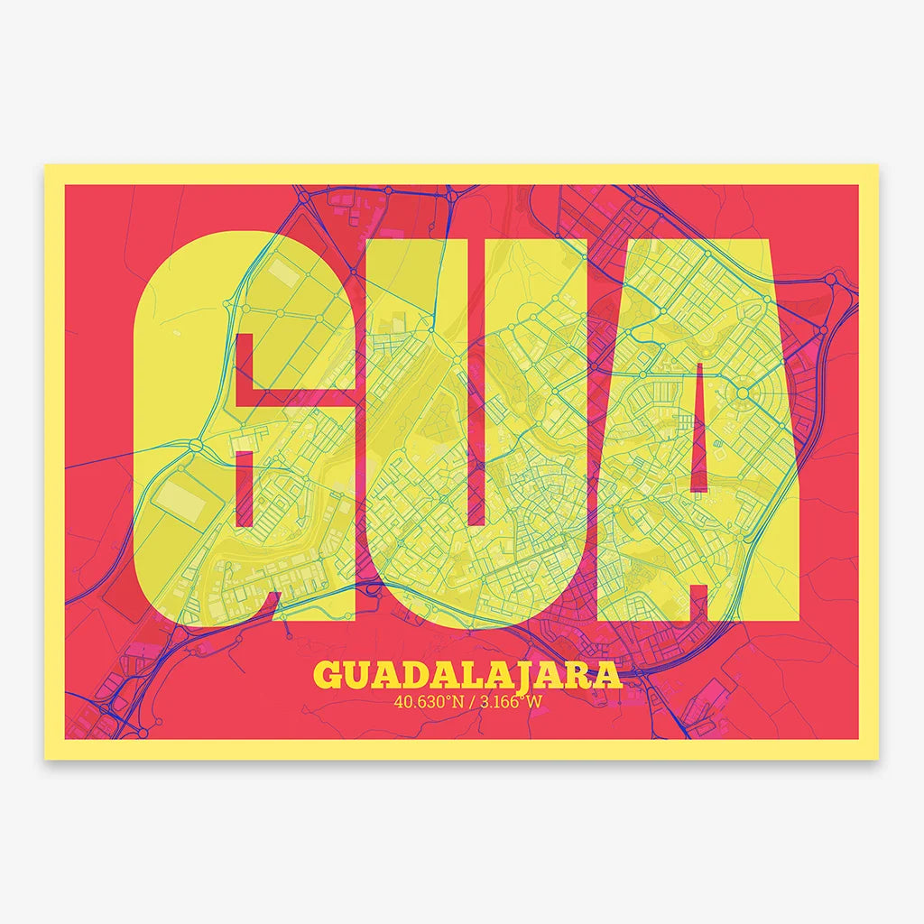 Decorative print of Guadalajara composed with letters in a heavy geometric font printed on yellow and fuchsia