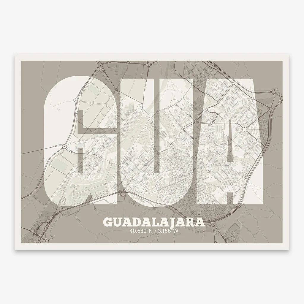Decorative print of Guadalajara composed with letters in a heavy geometric font printed on light brown and an off-white background