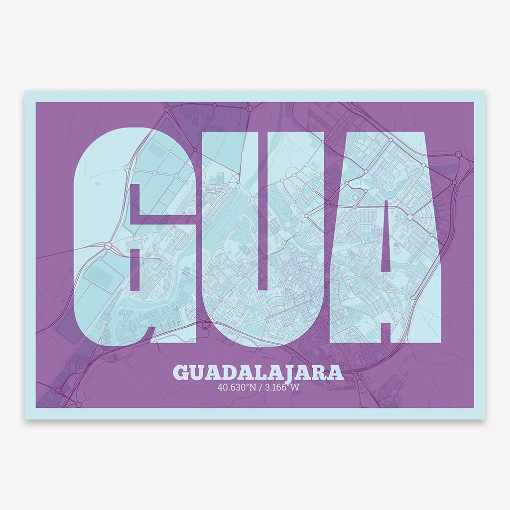Decorative print of Guadalajara composed with letters in a heavy geometric font printed on purple and light blue
