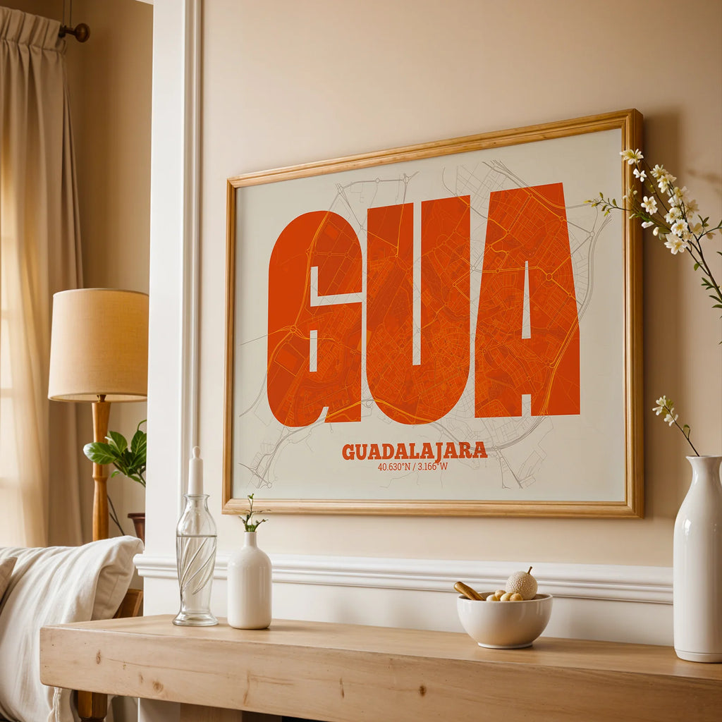 Modern interior design with a Guadalajara in Super Bold design, a typographic poster where the city map is overlaid with extra-thick lettering for a modern, high-impact look designed in orange and an off-white background, displayed on a living room wall
