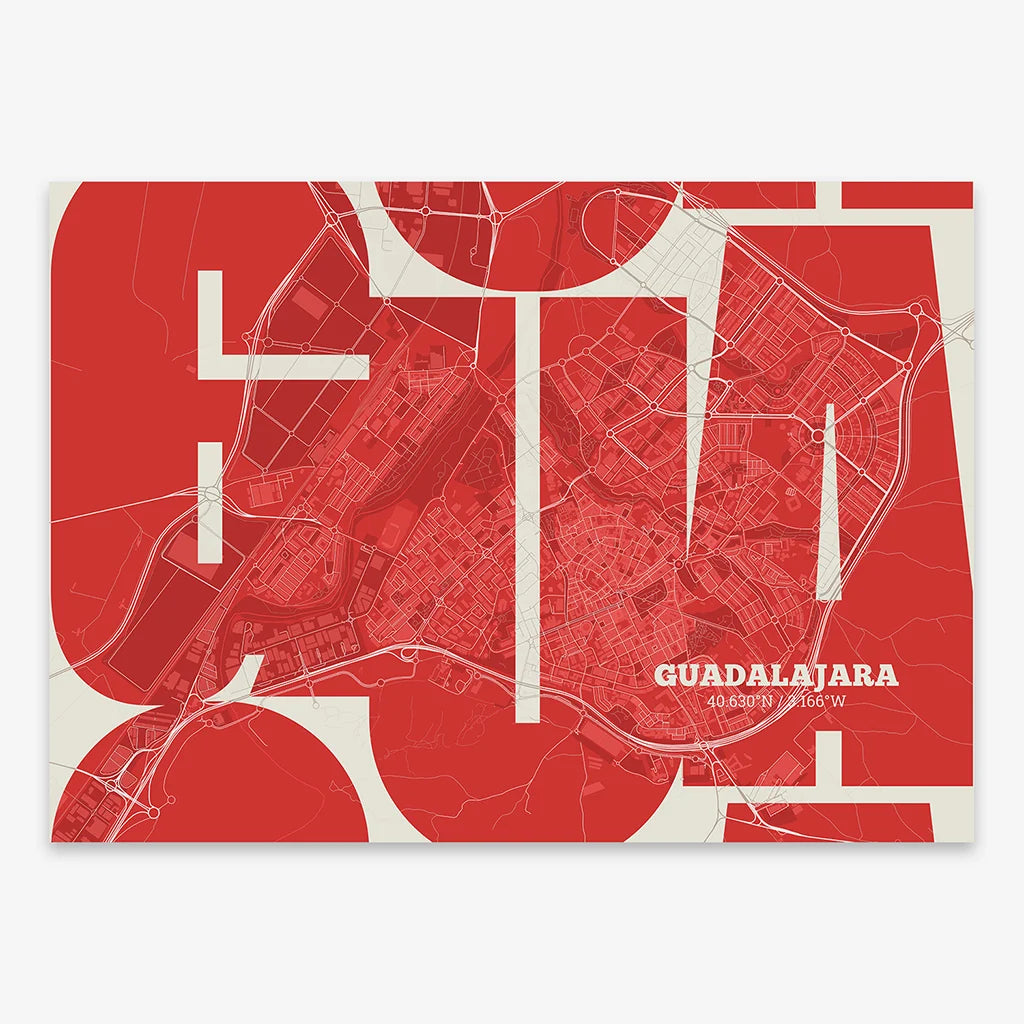 The map of Guadalajara in Inseparable design, featuring the city's abbreviation in expressive typography over a detailed urban map designed in red and an off-white background