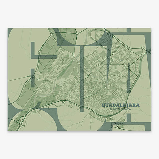 Poster of Guadalajara composed with letters from its abbreviation or its airport IATA code printed on two green tones