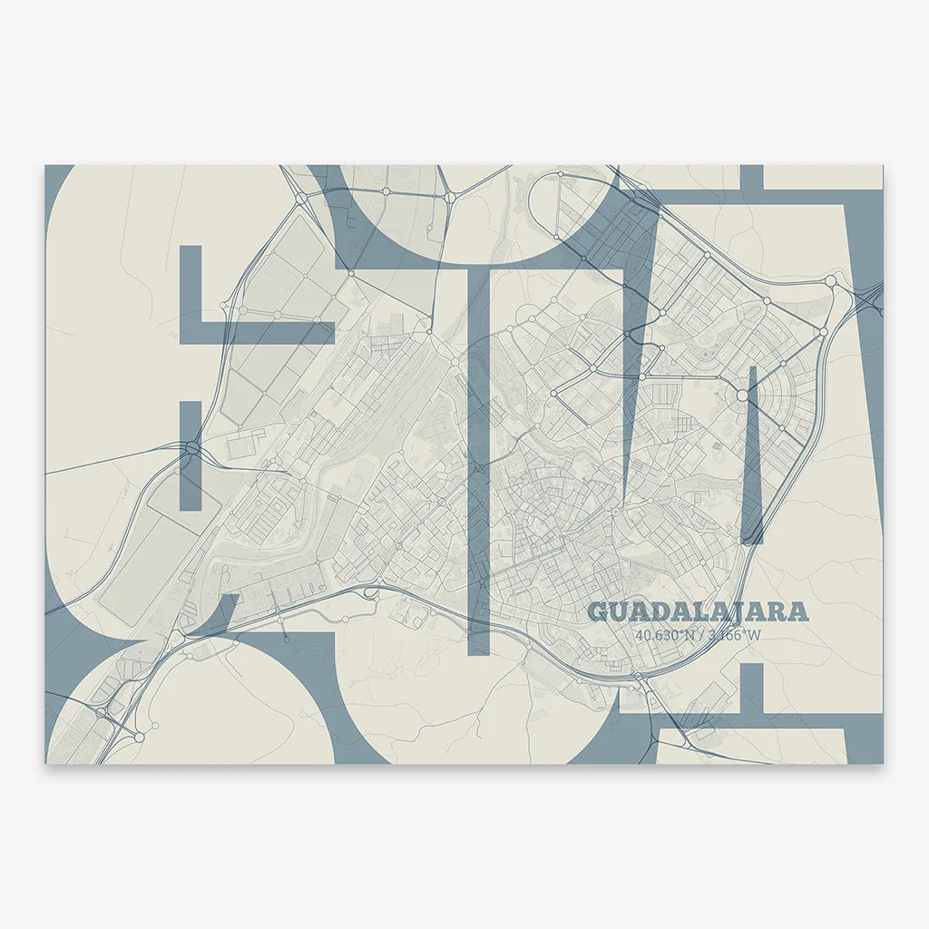 Poster of Guadalajara composed with letters from its abbreviation or its airport IATA code printed on bluish gray and an off-white background