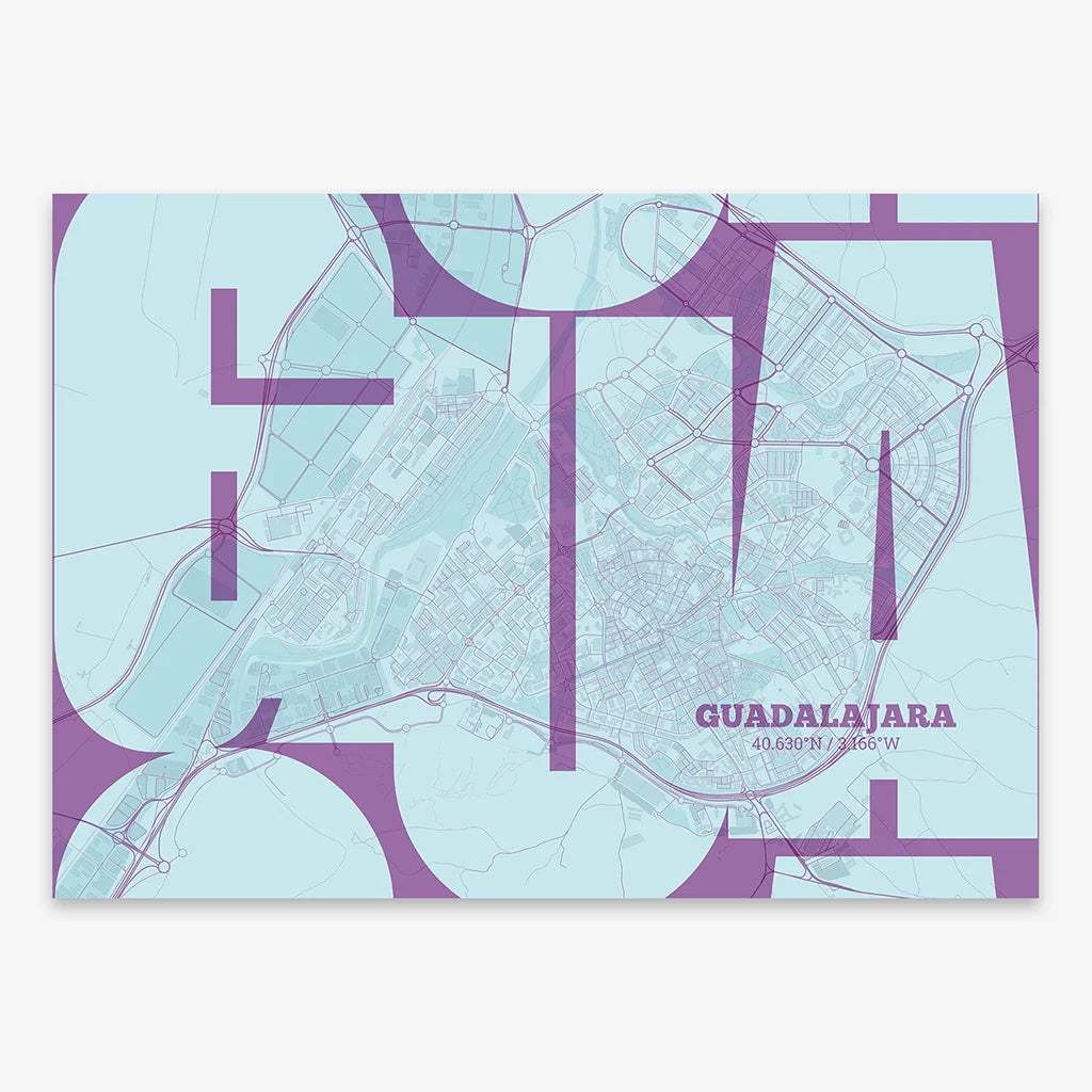 Poster of Guadalajara composed with letters from its abbreviation or its airport IATA code printed on purple and light blue