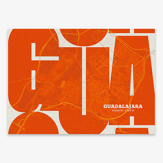 Poster of Guadalajara composed with letters from its abbreviation or its airport IATA code printed on orange and an off-white background