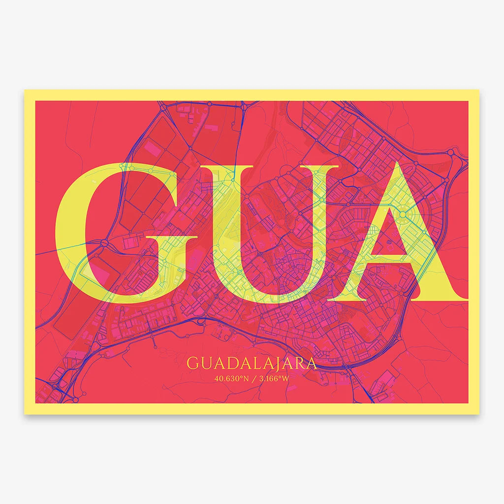Decorative map of Guadalajara composed with letters in serif font printed on yellow and fuchsia