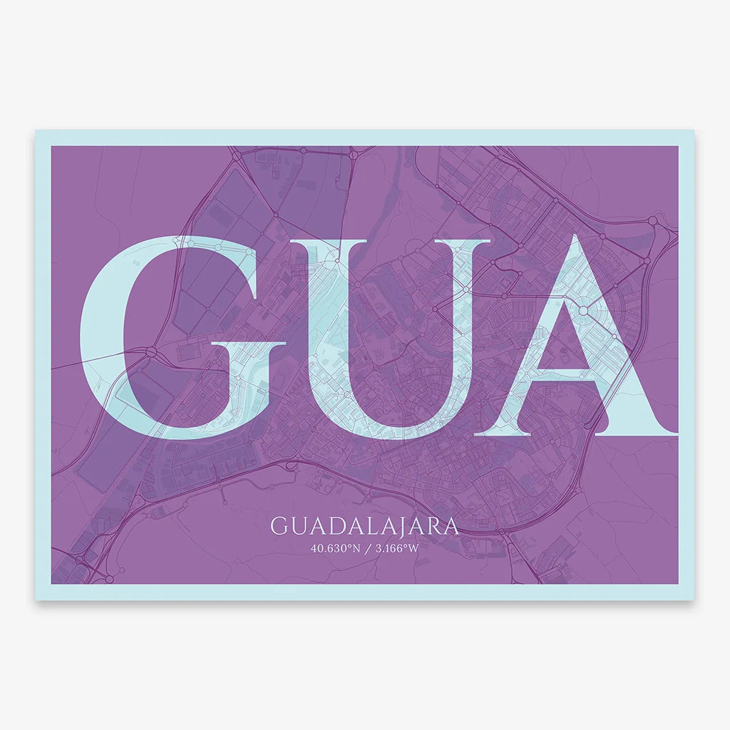 Decorative map of Guadalajara composed with letters in serif font printed on purple and light blue