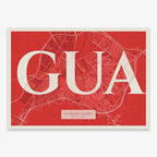 Decorative map of Guadalajara composed with letters in serif font printed on red and an off-white background