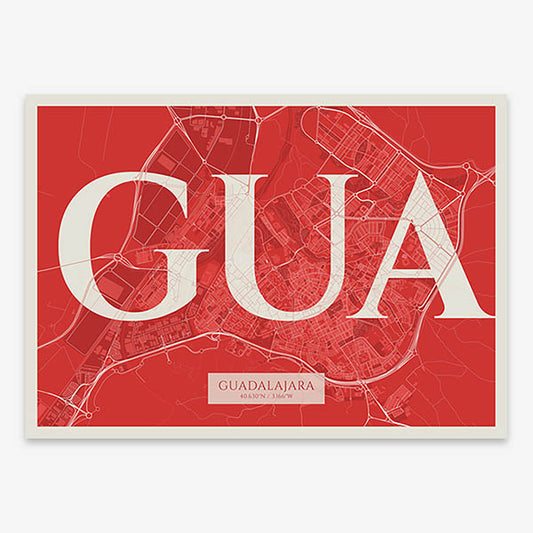 Decorative map of Guadalajara composed with letters in serif font printed on red and an off-white background
