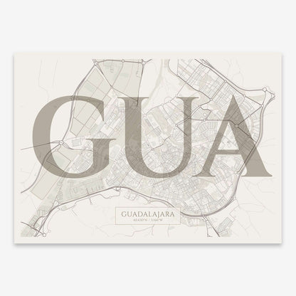 The map of Guadalajara composed with letters in serif font printed on light brown and an off-white background