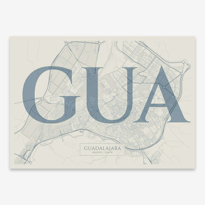 The map of Guadalajara composed with letters in serif font printed on bluish gray and an off-white background