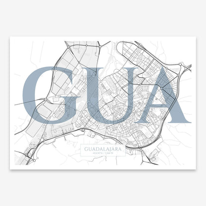 The map of Guadalajara composed with letters in serif font printed on black and white