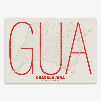 The map of Guadalajara composed with letters in extra light font printed on red and an off-white background