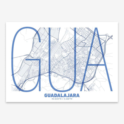 The map of Guadalajara composed with letters in extra light font printed on navy blue and white