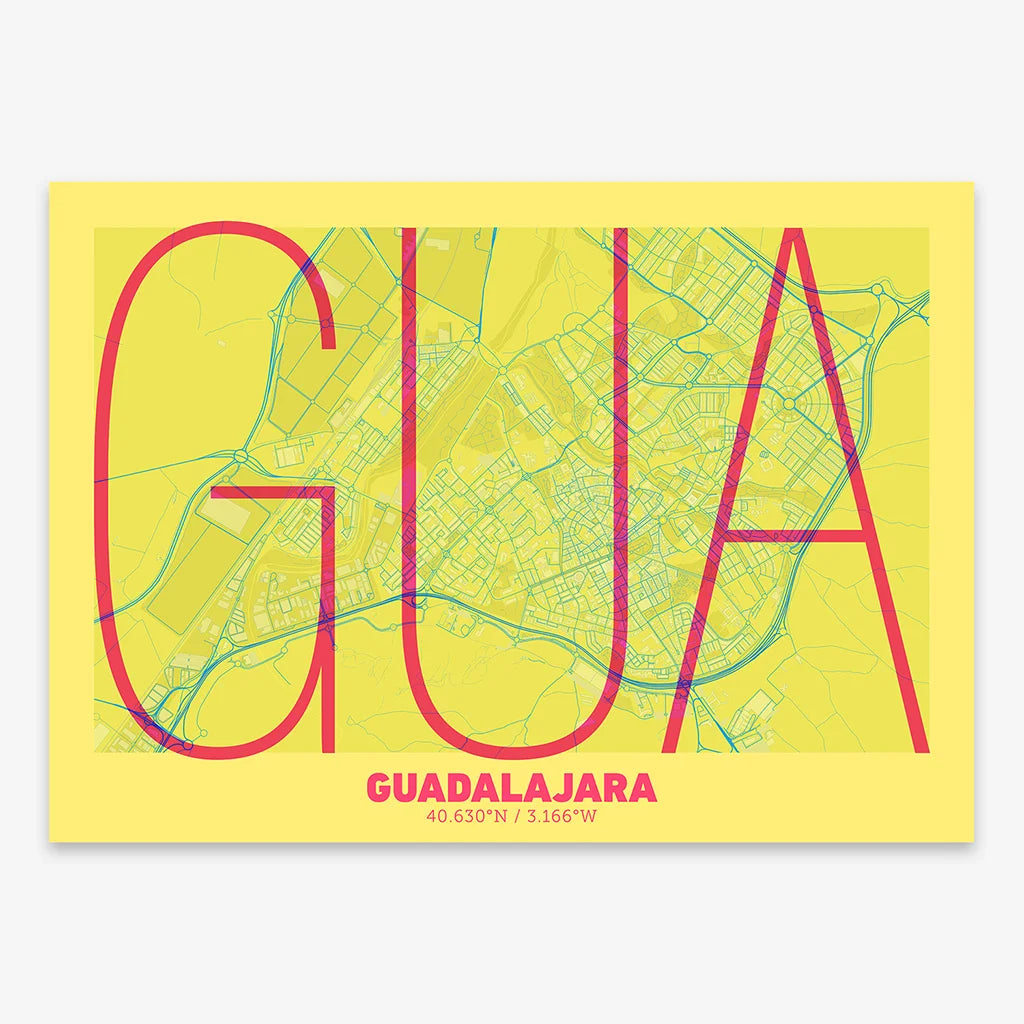 Poster of Guadalajara composed with letters in extra light font printed on yellow and fuchsia