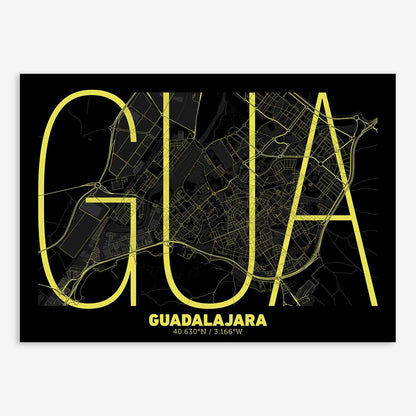 The map of Guadalajara composed with letters in extra light font printed on black and yellow