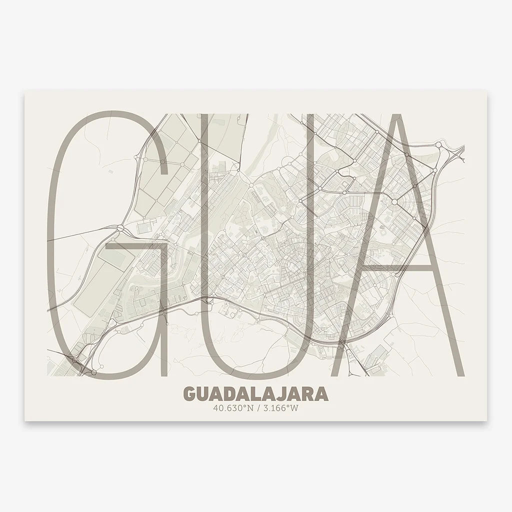 Poster of Guadalajara composed with letters in extra light font printed on light brown and an off-white background
