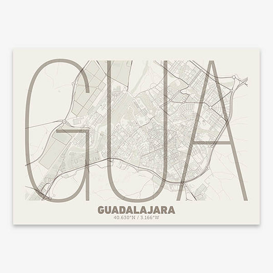 Poster of Guadalajara composed with letters in extra light font printed on light brown and an off-white background