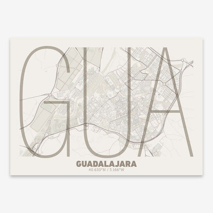 The map of Guadalajara composed with letters in extra light font printed on light brown and an off-white background